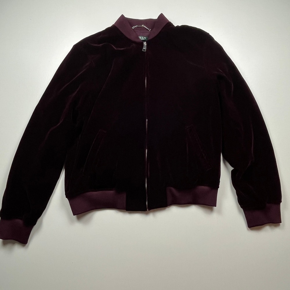 Lauren Ralph Lauren Velvet Bomber Jacket Size L Burgundy Plum Full Zip Classic